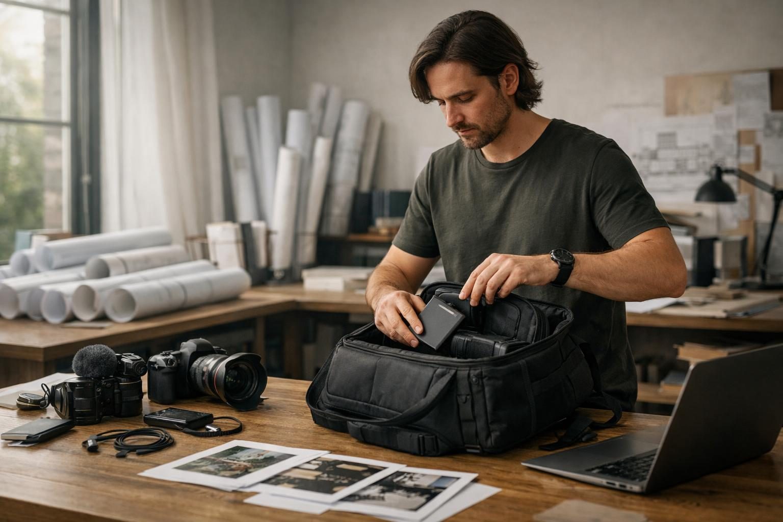 A calm, premium wide shot in an architect’s studio with rolled drawings, where a content creator packs camera gear and an external drive after offloading a shoot in soft morning window light.