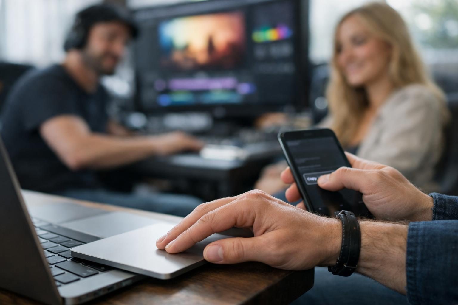 Close detail of hands on a trackpad copying a share link in a video editor’s suite, with a colour-graded monitor blurred behind and a music producer and vocalist nearby in bright overcast daylight.