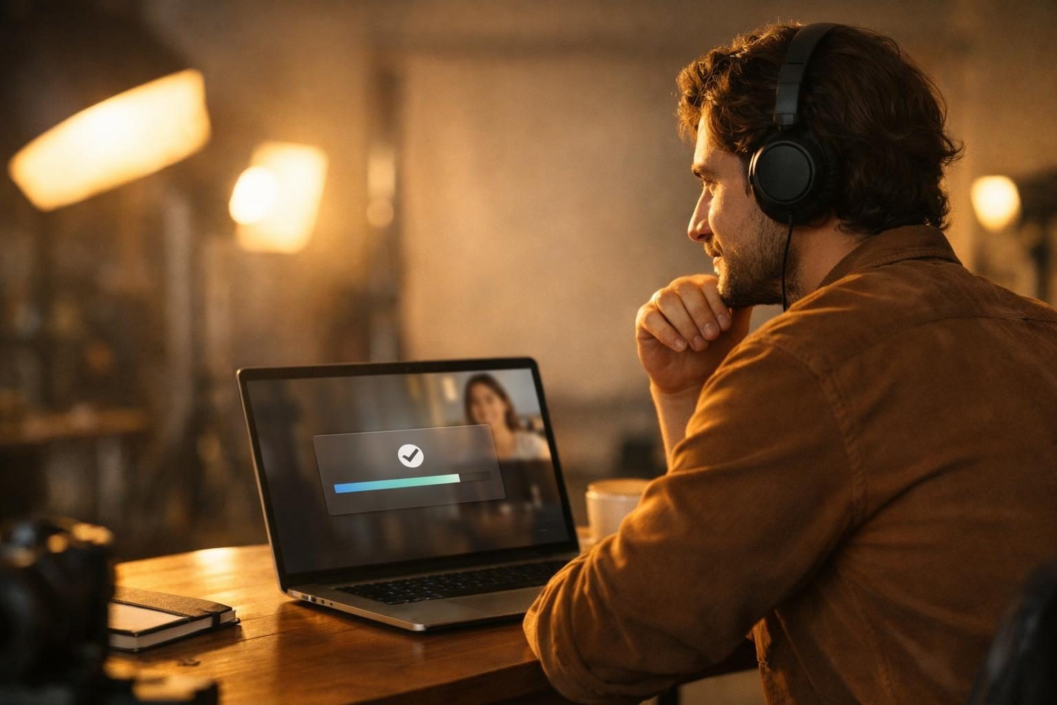 A remote worker on a video call in a photographer’s studio watches a large file transfer finish on a laptop in warm late-afternoon light.