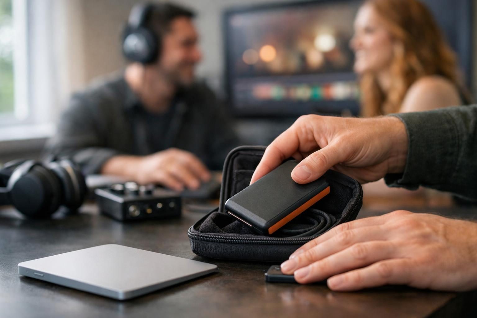 Close-up of hands using a trackpad in a video editor’s suite while a music producer and vocalist pack an external drive after offloading a shoot, relaxed end-of-day mood in bright overcast daylight.