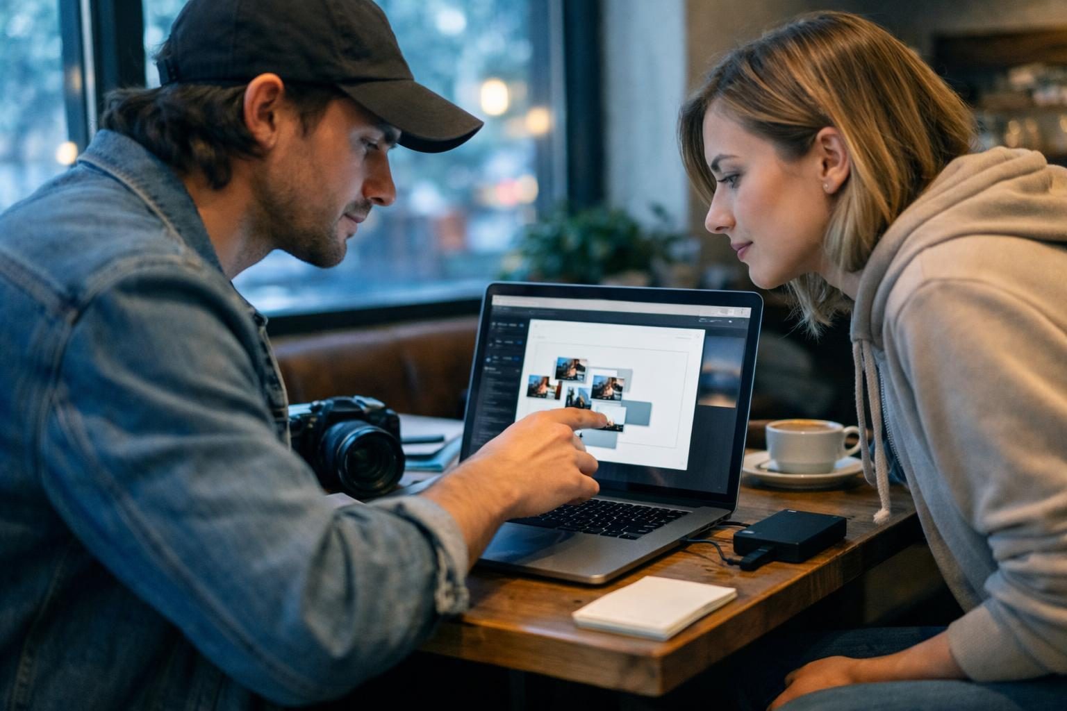 A video editor and colleague in a quiet cafe corner remote office drag video files into a browser to send, in bright early morning light.