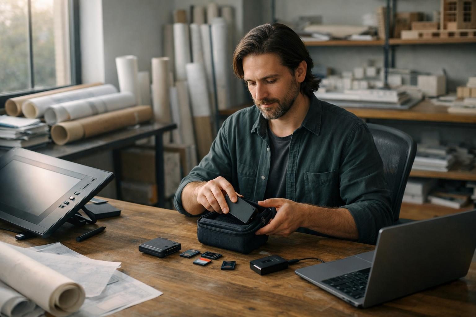 A solo illustrator in an architect’s studio with rolled drawings packs an external drive beside a drawing tablet in soft morning window light.