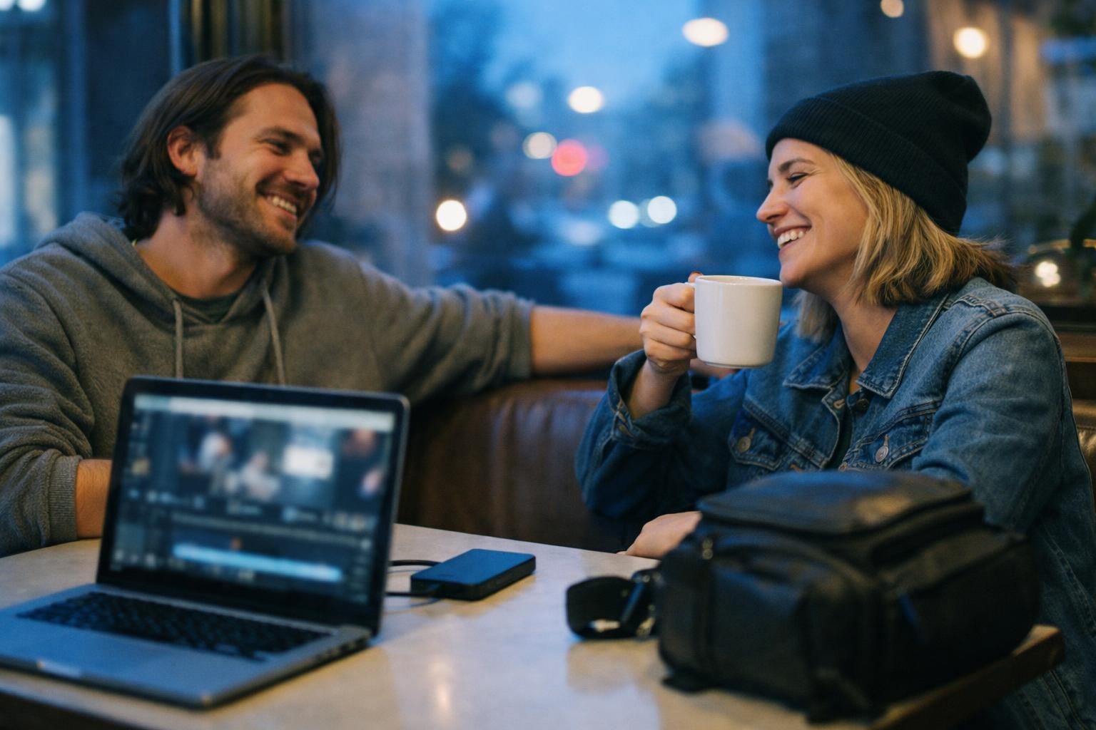 A video editor and colleague in a quiet cafe corner remote office, looking relieved after sending a client delivery, early morning blue light.